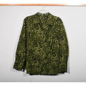 Talbots Cotton Green Paisley Retro Corduroy Button Up Shirt Blouse Sz 1X